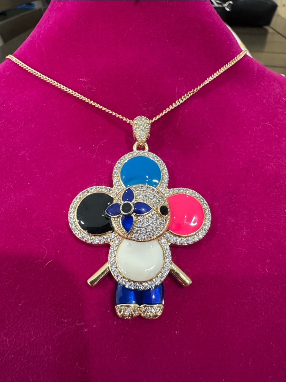 Gold-Tone Multicolor Enamel Flower Pendant Necklace - Blue, Pink, Black, White